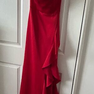 La Femme Red Ruffle-Detail Maxi Gown